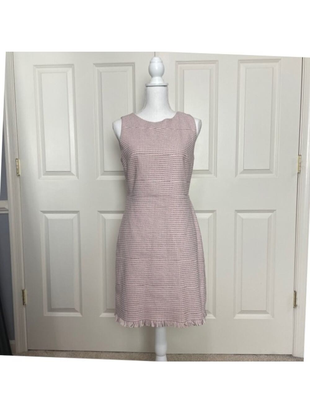 LOFT 8P Pink GreyTweed Fringe‎ Hem Sleeveless Sheath Dress Casual Office Evening